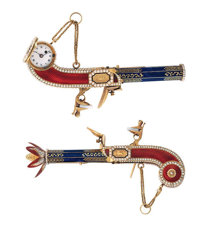 Moulinié, Bautte & Co., Geneva, ca 1805 - Gold, agate, pearls and enamel - To activate the perfume sprayer, cock the hammer of the pistol and press the sear