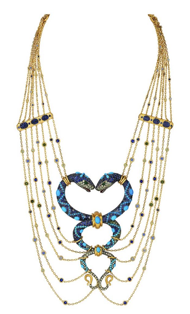 Collier "Kundalini" pour Boucheron - Or, turquoises, diamants, tsavorites, saphirs et émeraudes