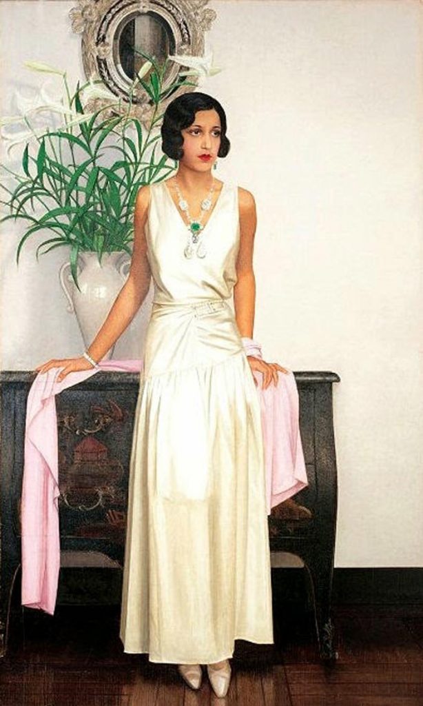 Mauboussin - The Maharani of Indore wearing an emerald and diamonds necklace on the painting by Bernard Boutet de Monvel